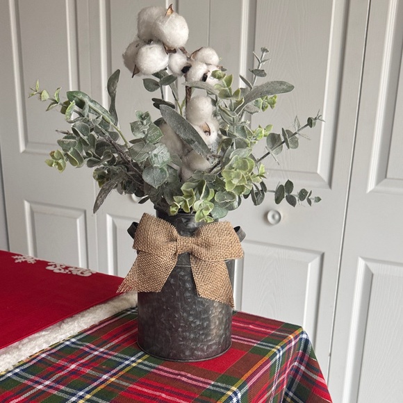 Rustic Metal Vase with Cotton and Greenery - Picture 1 of 4